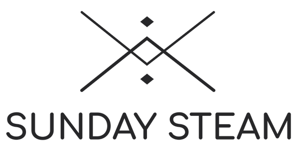 Black logo with 'SUNDAY STEAM' text on a white background